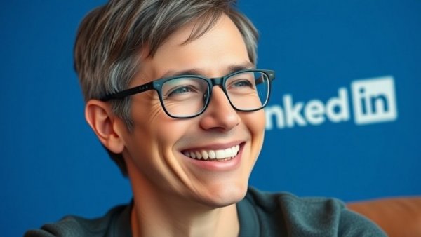Confident person smiling with LinkedIn text for writing tips.