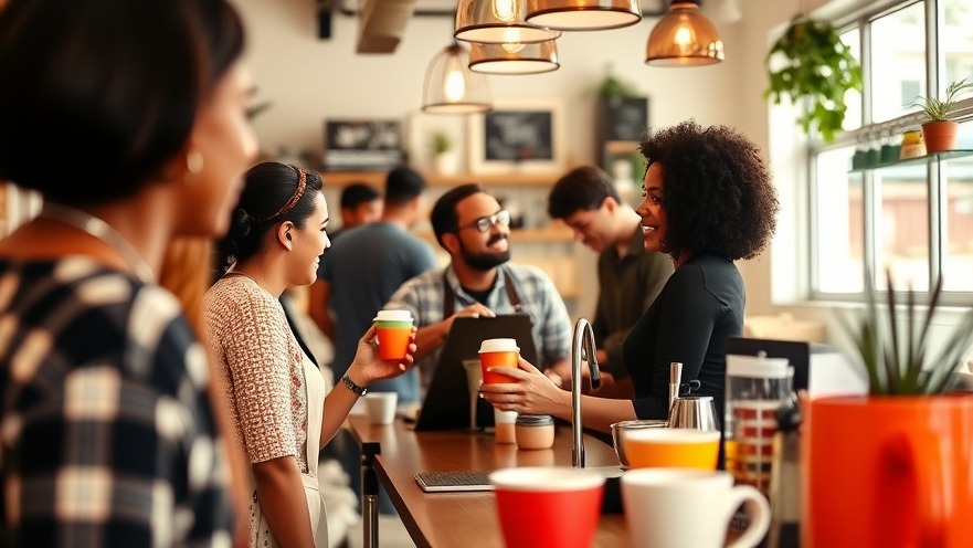 A bustling coffee shop showcasing local SEO services and community interaction.