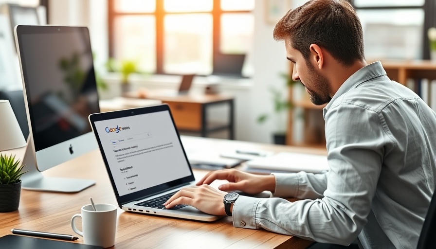 Person checking Google reviews for businesses on a laptop in an office.