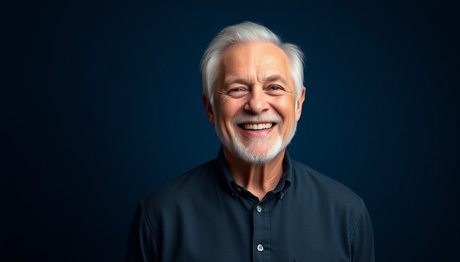 Cheerful man in formal wear smiling next to text about AI help.