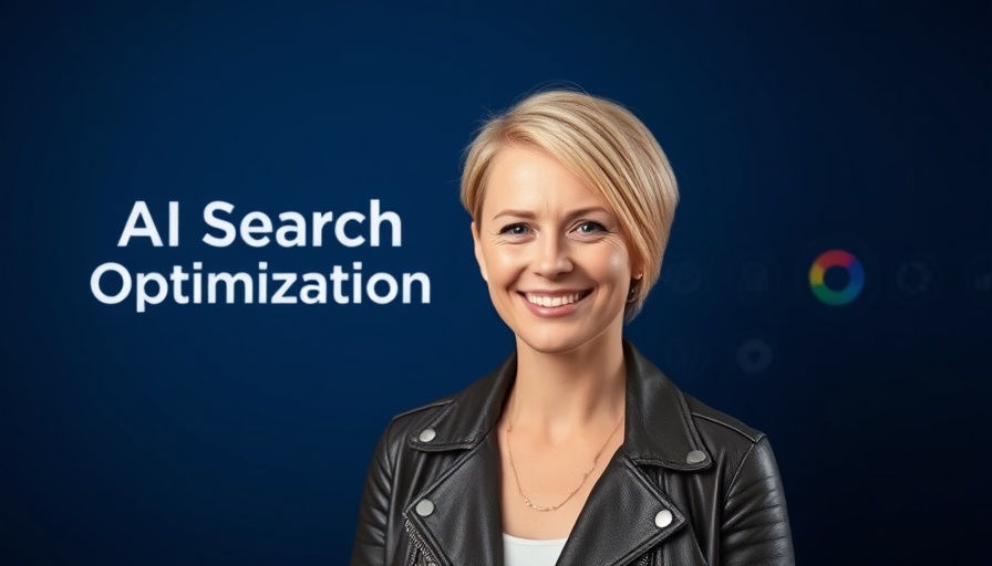 AI search optimization theme with logos and smiling woman.