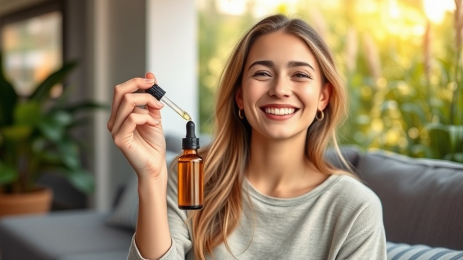 Smiling woman with essential oils demonstrates lowering cortisol effect.