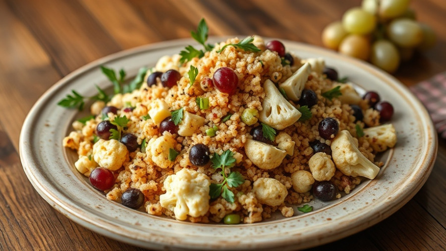 Quinoa, cauliflower, and grape salad on rustic platter