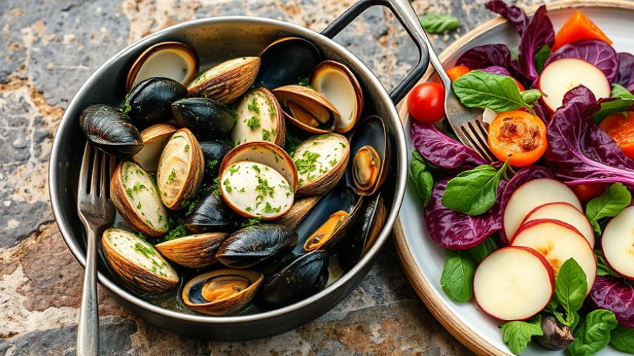 Herbed Seafood Bake Recipe: seafood and salad on stone table