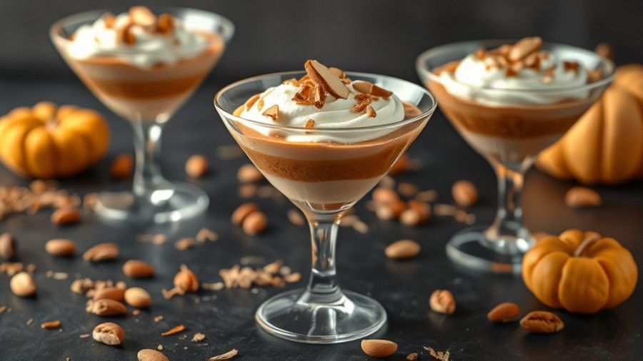 Delicious Chai Pumpkin Pie Parfaits with almonds in martini glasses.