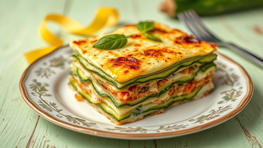 Delicious no noodle zucchini lasagna slice on a decorative plate.