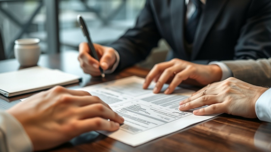 People reviewing contract on table, focus on hands