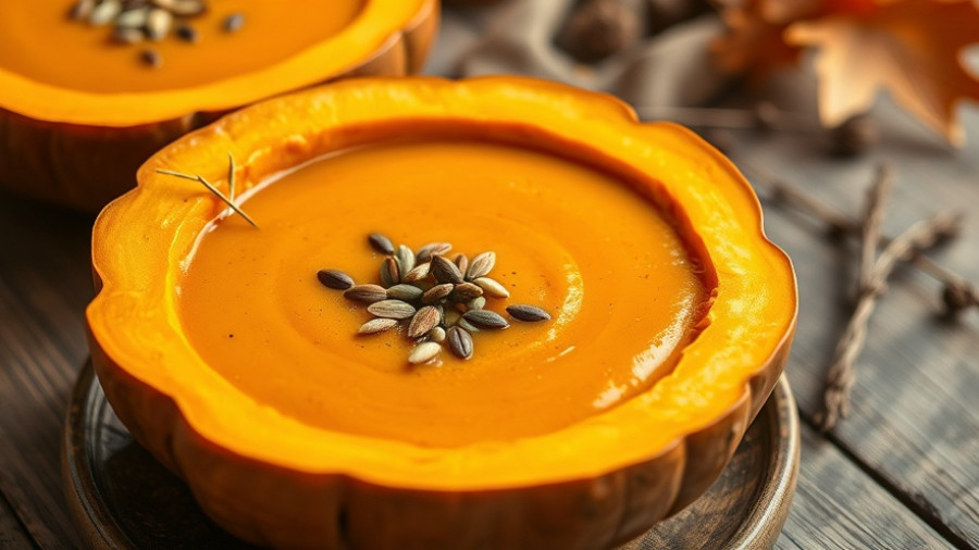 Gourmet pumpkin soup in hollowed pumpkins, Thanksgiving recipe.