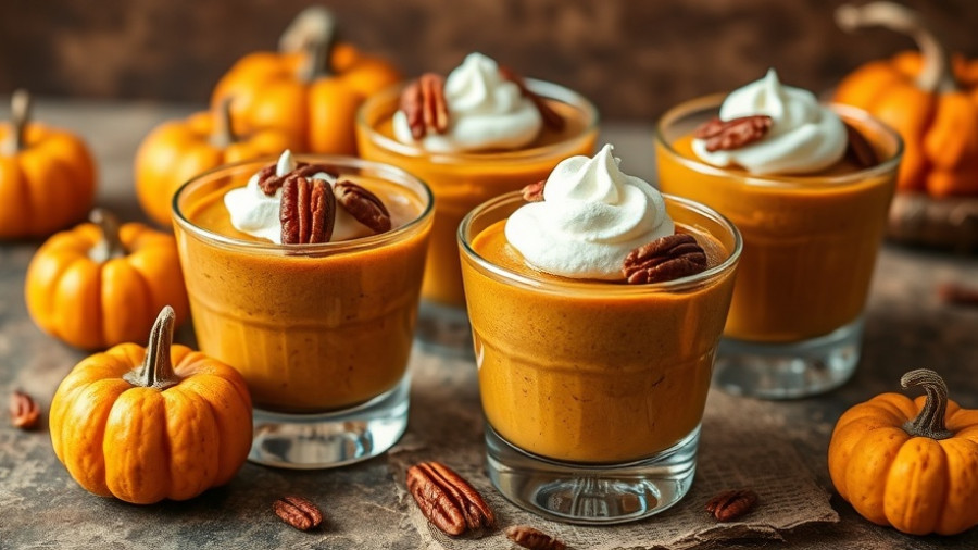 Pumpkin pie pudding in glass cups with whipped cream and pecans.