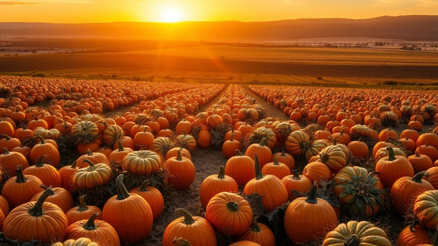 Pumpkin field at sunset showcasing possibilities for leftover pumpkins.