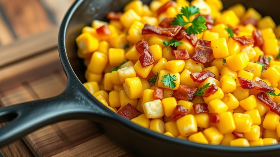 Southern Fried Corn Recipe with bacon and parsley in a skillet.