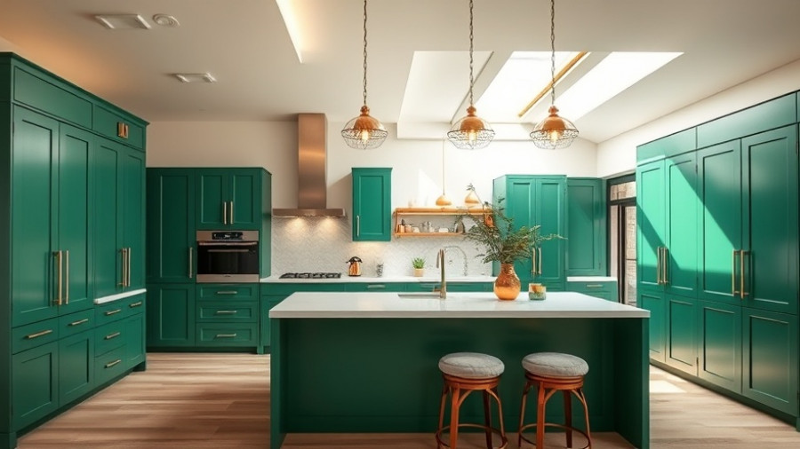 Modern kitchen design with emerald cabinets and pendant lights