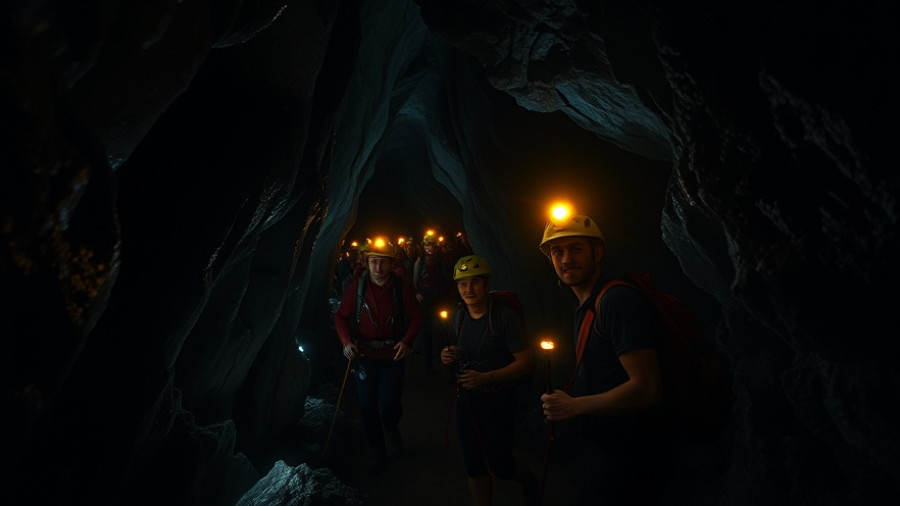Intrepid cave explorers with helmets and lamps in a dimly lit cave.