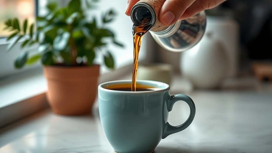 Pour over coffee at home; hands pouring into a blue mug.