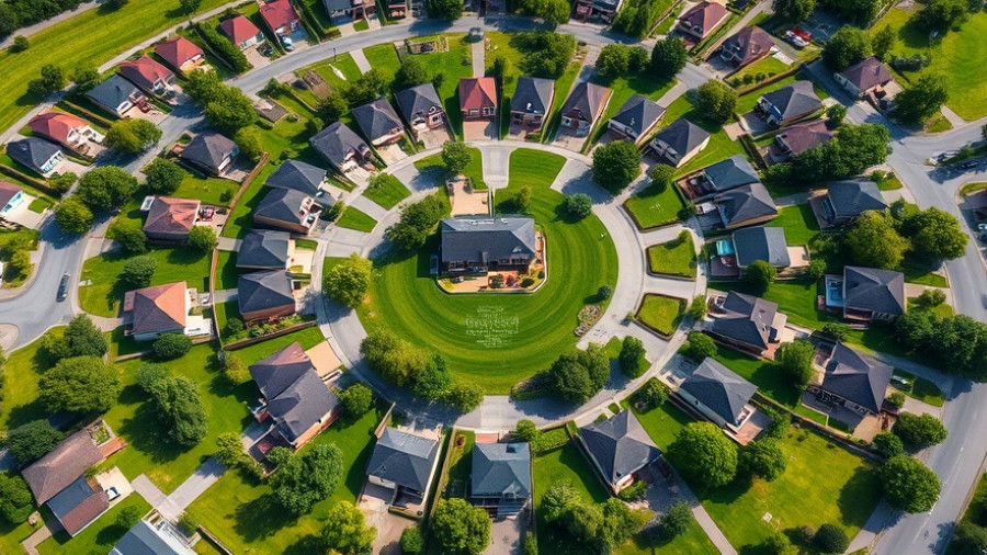 Aerial view of suburban neighborhood with lush green lawns.