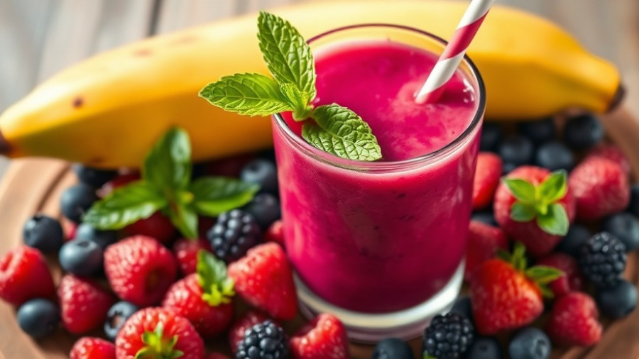 Banana smoothie with mixed berries highlighting health benefits.