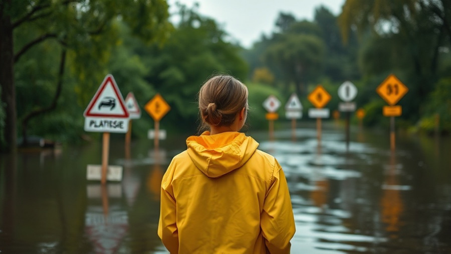 Woman in yellow raincoat observing flood, 'Selling a House in a Flood Zone'.