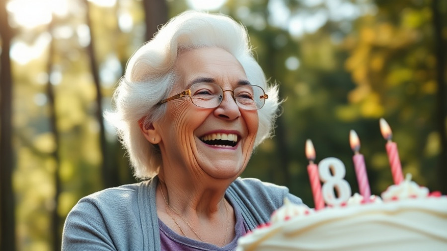 Joyful elderly woman celebrating her 87th birthday outdoors, highlighting longevity.