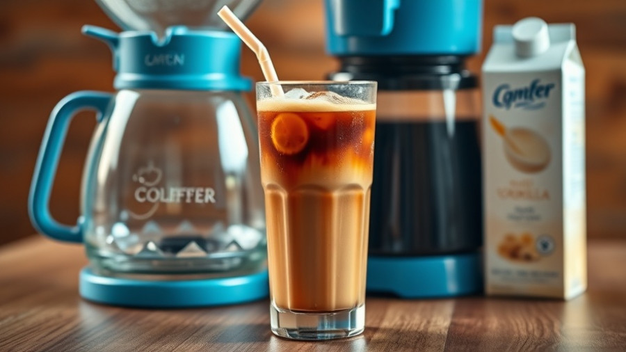 Cold brew coffee at home with milk and straw on kitchen counter.