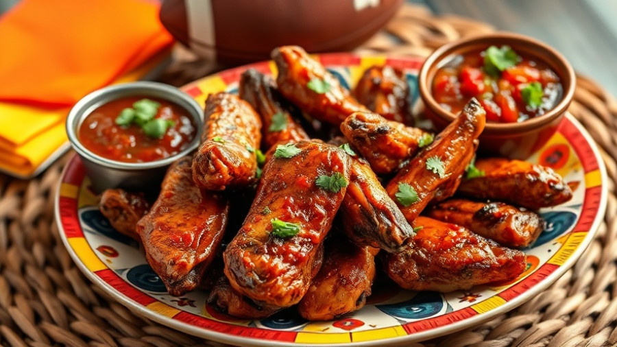 Touchdown Taco Wings with salsa on colorful plate.