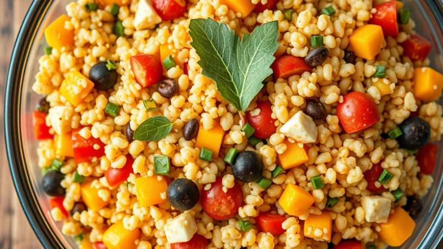Autumn couscous salad with vibrant vegetables and grains in a bowl.