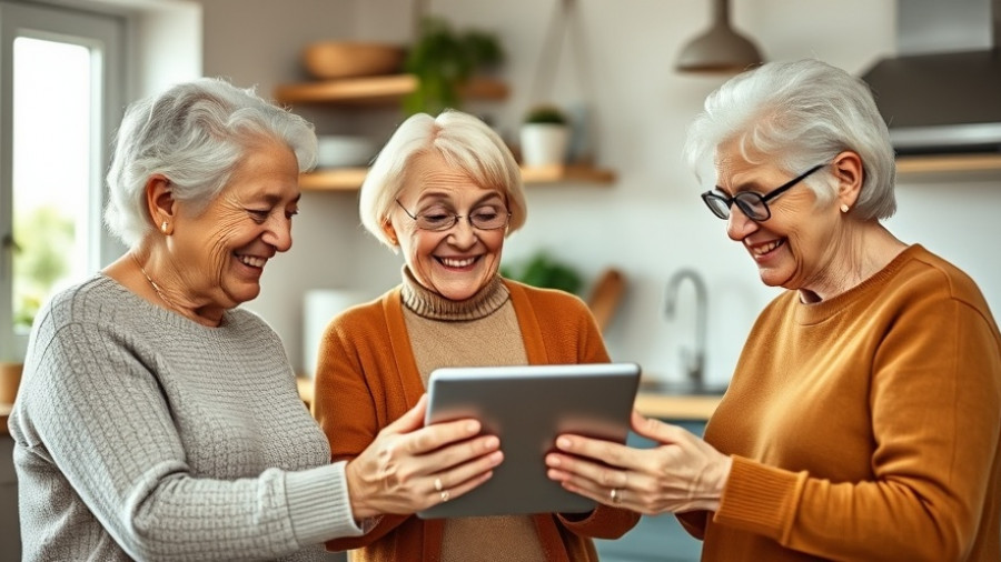 Senior living programs group engaging with tablet in kitchen.