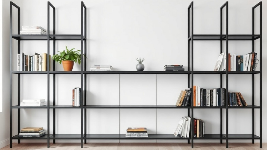 Modern black metal bookshelf installation in minimalist room.