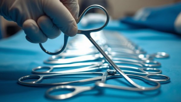 Close-up of gloved hand selecting surgical scissors, emphasizing applications in surgery.