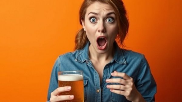 Surprised woman holding beer related to alcohol and cancer risk.