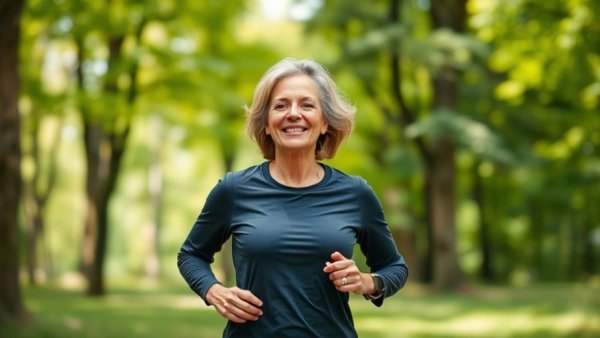 Middle-aged woman jogging in nature, using nature as her gym.
