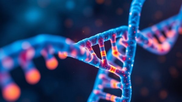 Ethereal DNA strand glowing in blue and orange hues.