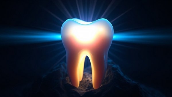 Glowing digital tooth representing gel regrows tooth enamel innovation