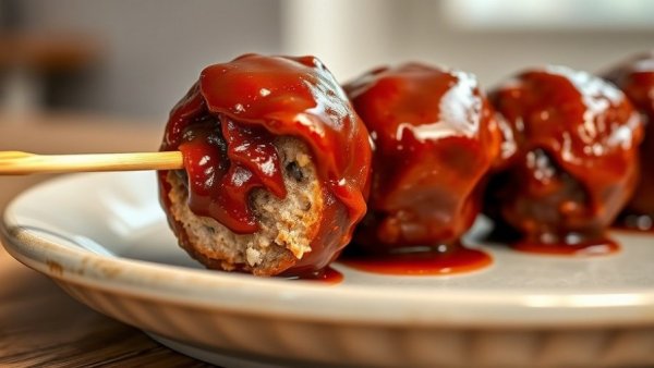 Juicy Thanksgiving meatballs with glaze and skewers on a plate.