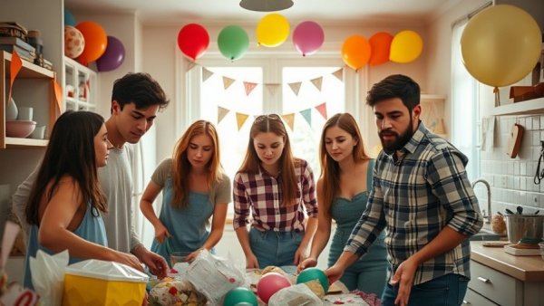 Frustrated young adults cleaning post-party mess, budget decorating tips.