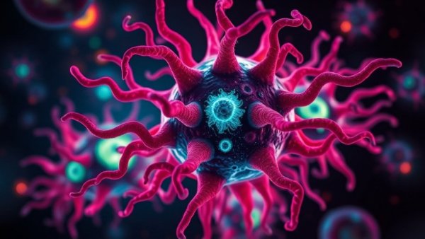 Abstract cancer cells in vivid detail, representing bowel cancer immune evasion discovery.