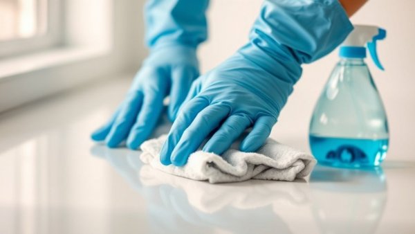 Hands cleaning surface with spray bottle and cloth, declutter tips.