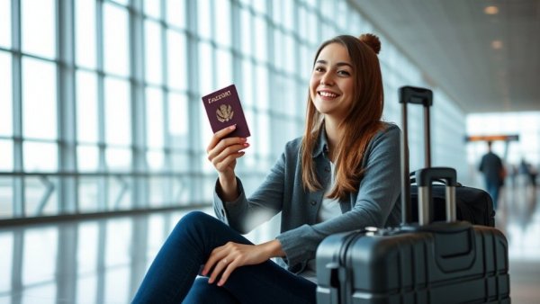 Young woman at airport completing pre-flight checklist.