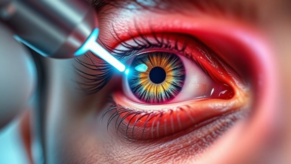 Eye receiving laser treatment with holographic overlay.