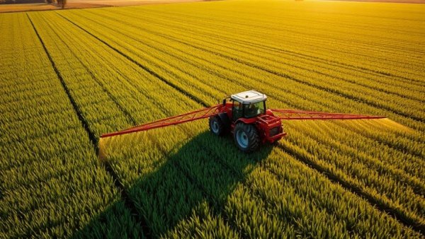 Tractor spraying pesticides in a green field during golden hour.