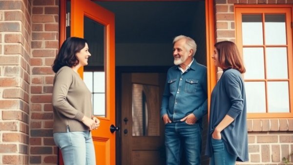 Understanding escrow process: friendly interaction at home entrance.