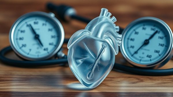 Translucent heart model with blood pressure gauge, showcasing medical themes on a wooden table.