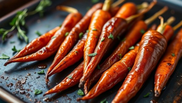 Tray of roasted baby carrots with herbs on dark surface.