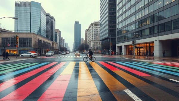 Rainbow crosswalk at city intersection, reflecting nonprofit activism.