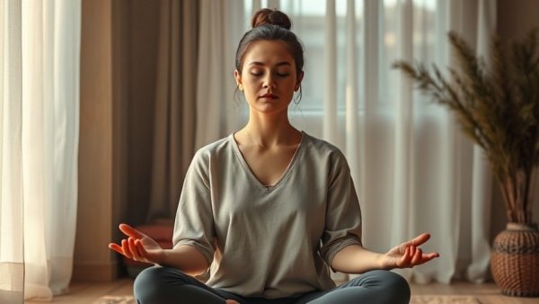 Woman practicing grounding techniques for mental clarity in a serene setting.