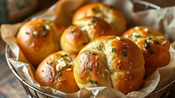 Golden Garlic Parmesan Cottage Cheese Dinner Rolls in a wire basket.