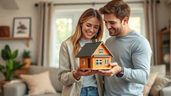 Couple planning dream home design with a house model.
