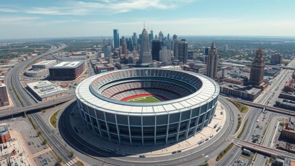 Aerial view of an NFL stadium in a city, accessible without a car.