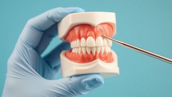 Dental model illustrating gum disease health impacts with dental tool.