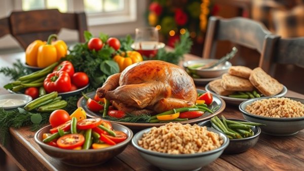 Delicious healthy food swaps for the holidays displayed on a festive table.