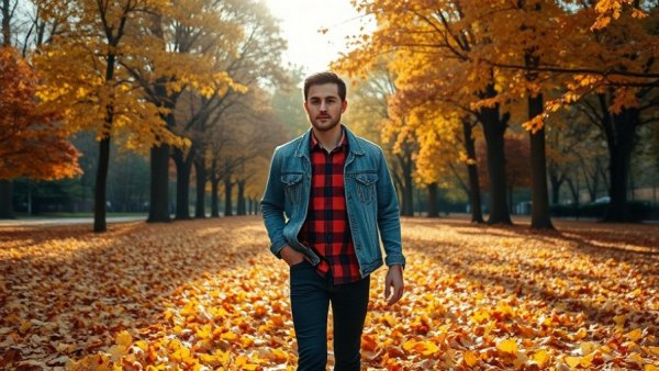 Walking for heart health in a sunny autumn park setting.